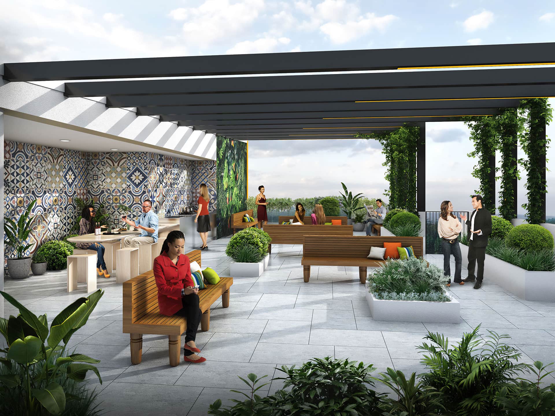 Rooftop terrace at MountView Yarrabilba apartments with residents enjoying outdoor communal space and mountain views