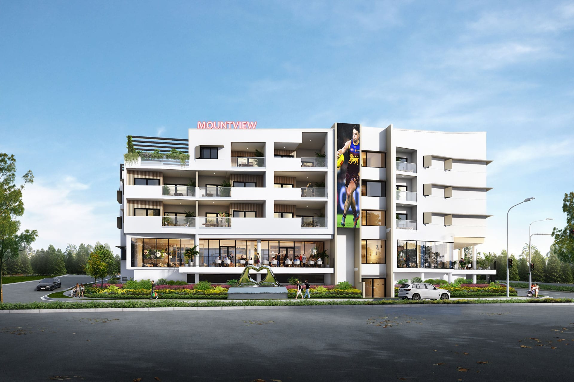 Side view of MountView apartment complex Yarrabilba featuring contemporary architecture and integrated retail spaces