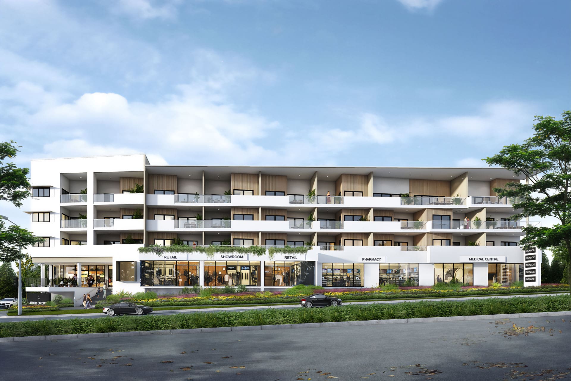 MountView Yarrabilba apartments exterior showing three-level development with private balconies and ground floor retail precinct