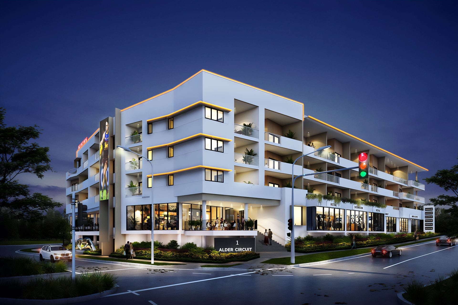 Evening view of MountView Yarrabilba showing illuminated modern apartment building design and welcoming street frontage