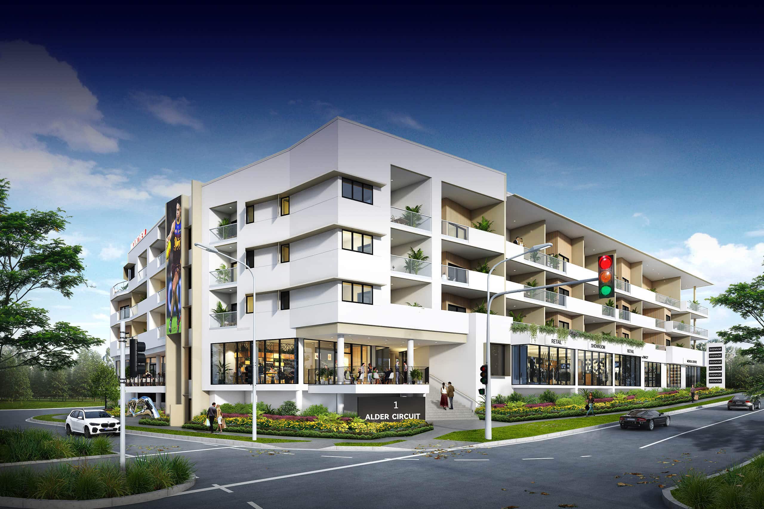 MountView Yarrabilba apartments - modern three-level development with private balconies, ground floor retail, and mountain range backdrop